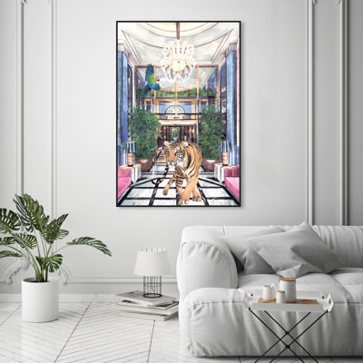 «Animals Wild Couture Pastel, Glam Blue - peinture sur toile flottante encadrée