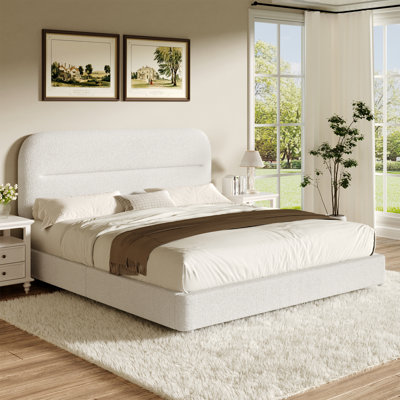 Manfred Boucle Upholstered Cloud Bed Frame with Rounded Corners Headboard, Soft Platform Bed Frame with Thickened Footboard