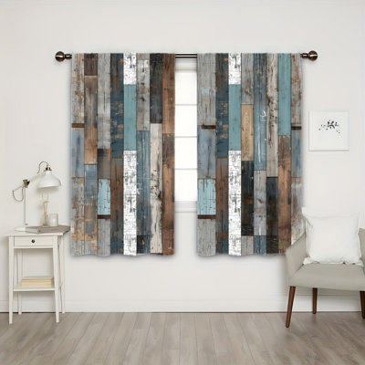 2PCS Weathered Blue Brown Rustic Wood Plank Pattern Light Filtering Curtains, Farmhouse Refresh Decor, Easy Hang Rod Pocket, All-Season Window Treatments for Living Room, Bedroom, Dormitory, Study