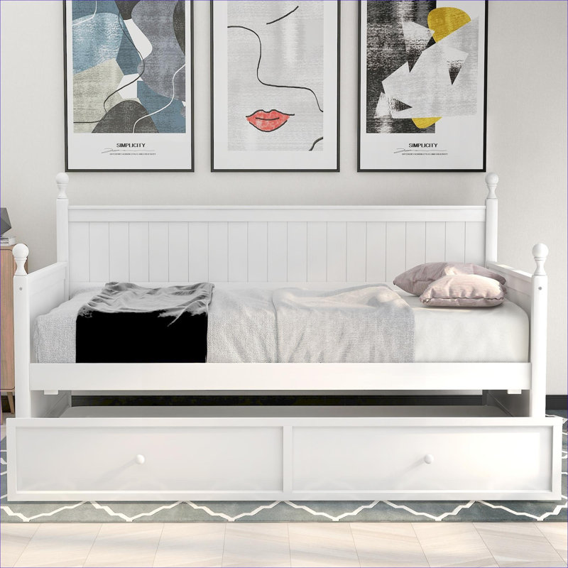 Lit de jour simple Clean Silhouette avec couchette coulissante, finition en bois massif blanc