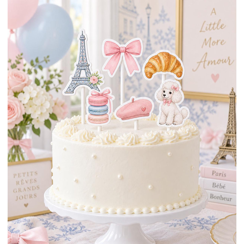 Bonjour Bebe Cake Topper Set, Baby Shower Party Decor, 6 Cardstock Cake Toppers