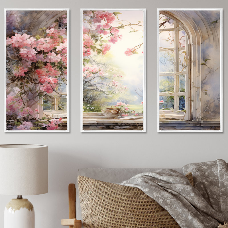 «Pink Blossoming Country Window Gaze I», art mural floral, H 28 po x l 36 po x P 1 po, Cadre flottant blanc