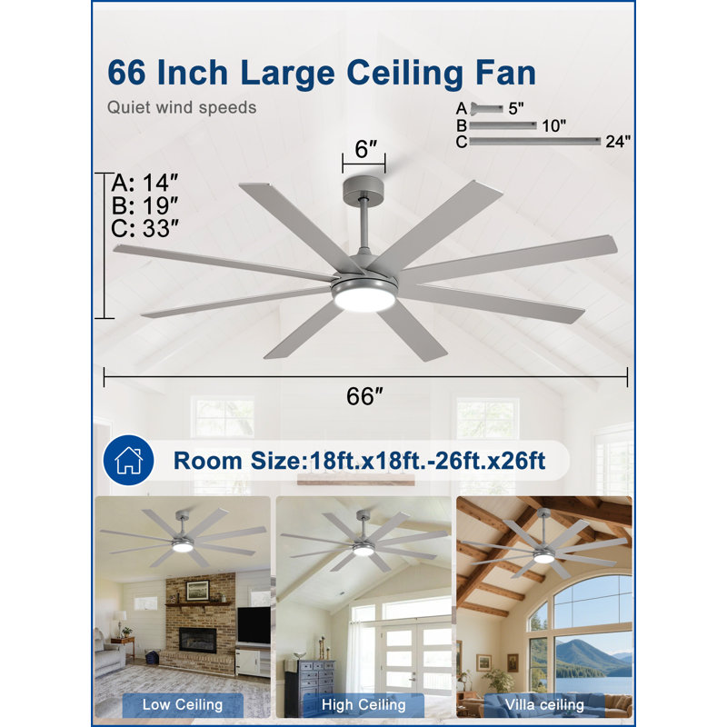 Ventilateurs de plafond de 66 po avec lumières, ventilateur de plafond intérieur / extérieur argenté avec télécommande APP, moteur à courant continu silencieux réversible à 8 pales à 6 vitesses