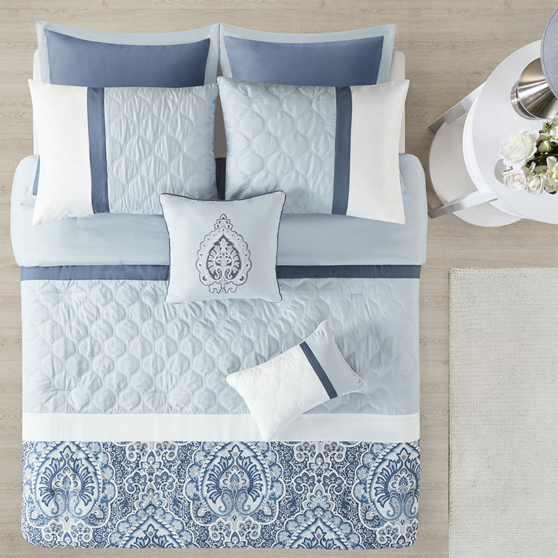Édredon 8 pièces très grand, motif bleu, rembourrage, coussins brodés, lavable,, Bleu