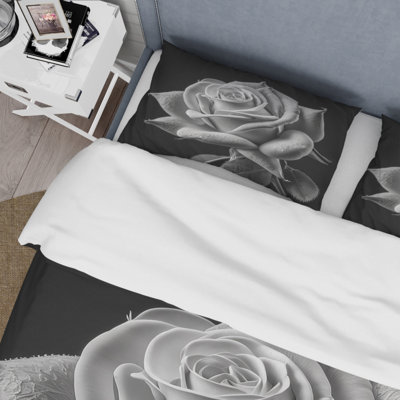 Blossoming White Rose On Black I - Floral Rose Duvet Cover Set - Microfiber Polyester