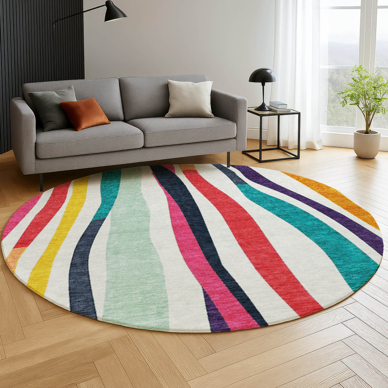 Premium Machine Washable Mayfield AMF2188 Striped Rug, Ivory, 8' Round