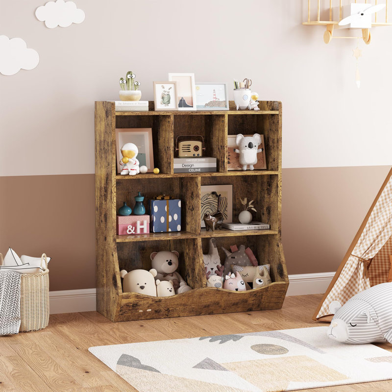 Toy Storage Cabinet, Three-Tier Kids Bookshelf And Bookcase, Brown
