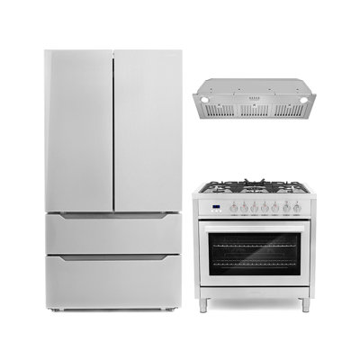 Cosmo 3 Piece Kitchen Appliance Package with French Door Refrigerator , 36'' Dual Fuel Freestanding Range , Insert Range Hood , and Air Fryer -  COS-3PKG-369