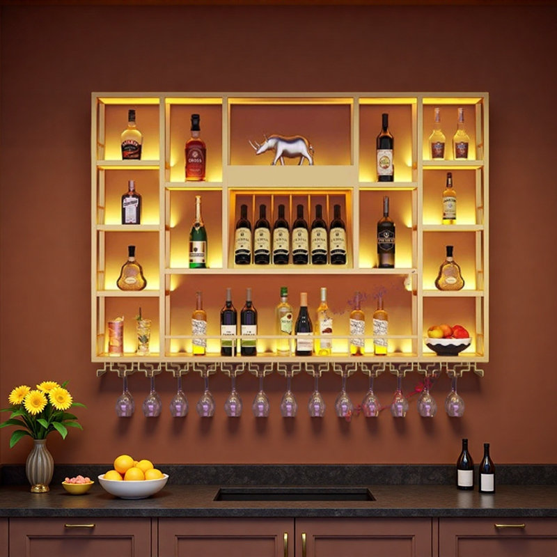 Support à vin mural laqué, Doré, 47.2" H x 70.8" W x 7.8" D