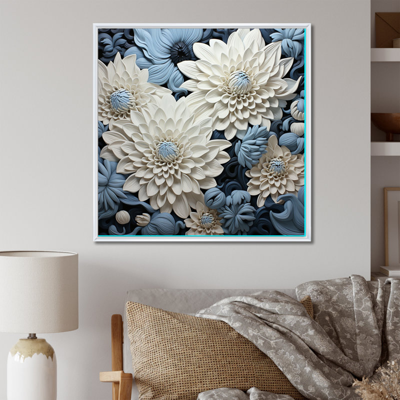 "Graceful Mums" noir et bleu pâle, peinture III sur toile, H 16 po x l 16 po x P 1 po, Cadre flottant blanc