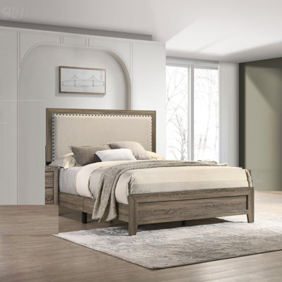 Fabric Upholstered Headboard Tufted Nailhead Trim 1Pc Queen Size Panel Bed Beautiful Wooden Bedroom