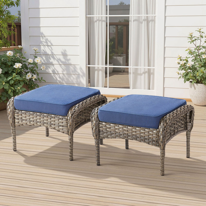 Ensemble de 2 repose-pieds d'extérieur en osier PE avec coussin pour la cour ou la terrasse, Bleu, Marron clair