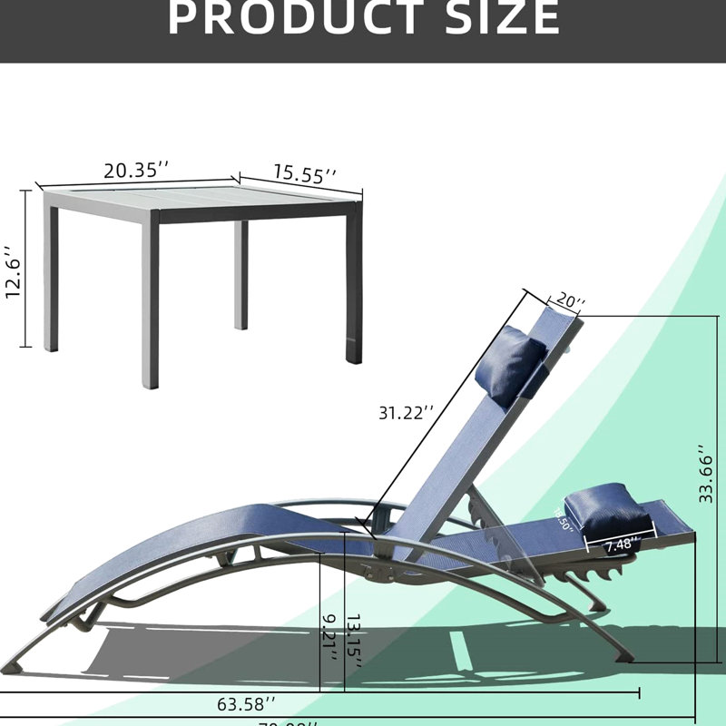 Chaise longue de piscine 3 - réglable, fabrication en aluminium, respirante, table en métal de luxe bleu: 3 chaises réglables bleues avec 5 positions latérales, ergonomique pour la terrasse