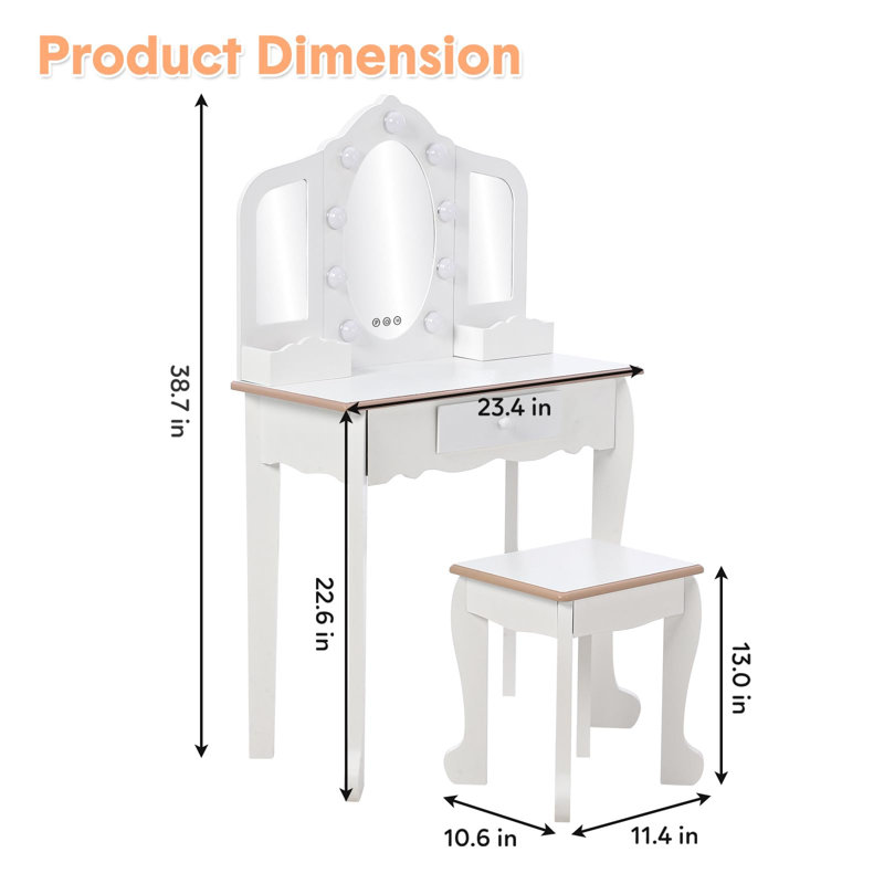 Coiffeuse pour enfants avec miroir éclairé, coiffeuse et tabouret pour petite fille, maquillage pour enfants avec miroir à trois volets, tiroir et grille de rangement pour filles de 3 à 9 ans
