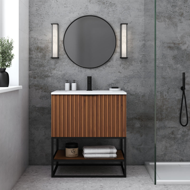 Terra 30'' Single Bathroom Vanity with Top, Walnut, White Quartz/Single Faucet Mount, Matte Black