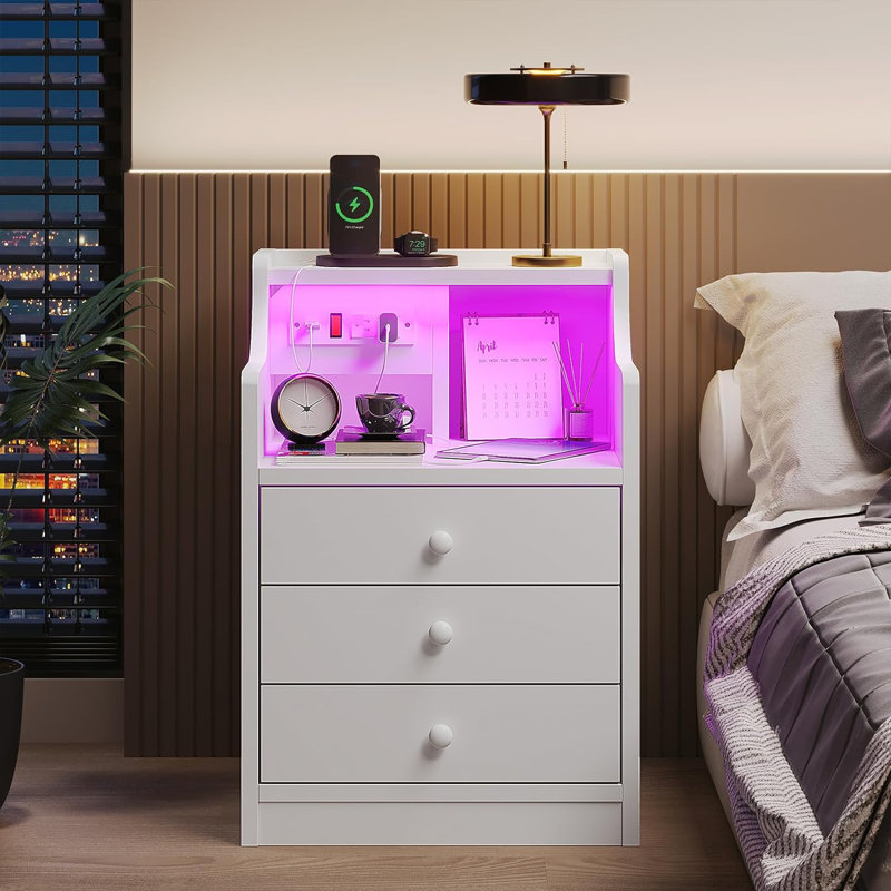 Nightstand With Charging Station And Led Lights,night Stand With Hutch,bedside Table With Drawers,modern End Side Table For Bedroom