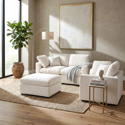 3-Piece Modular Sofa Set, 2-Seater + 1-Seater + Movable Ottoman, Chenille Upholstered Couch with Solid Wood Frame, Includes 2 Throw Pillows, Modern De