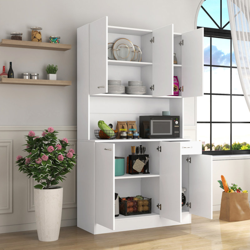 70.87" Tall Wardrobe & Kitchen Cabinet, 6-Door White Storage Armoire with Open Shelf & Drawer for Bedroom, Pantry, White