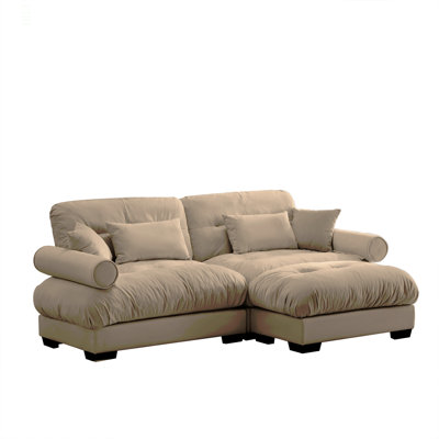 Over Size Modern Two-Seater Sofa With Ottoman, Velvet 2-Seater With Round Bolster Armrests,With Waist Pillow And Throw Pillows,Small L Shape Sofa For Living Room, Reading Room , Loft And Bedroom,Camel