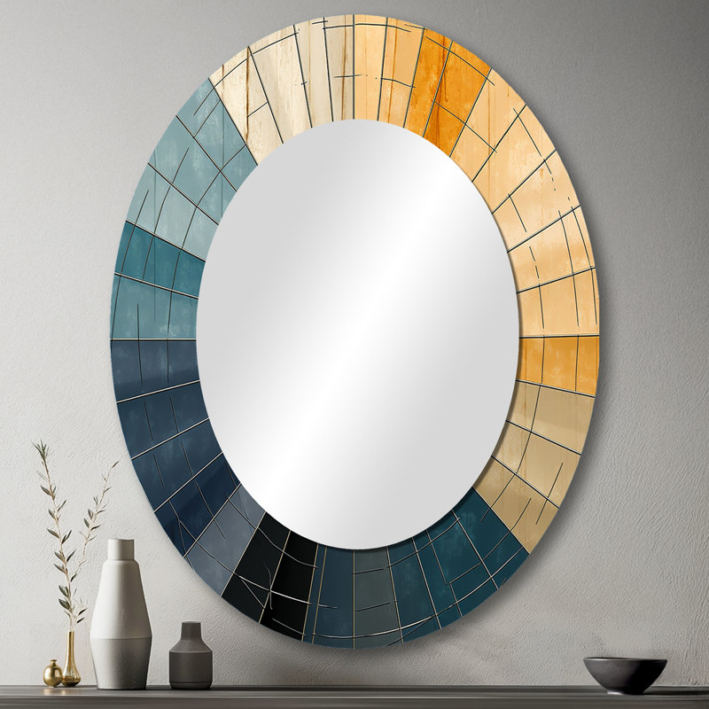 Mid-Century New Balance Abstract Geometrics II - Blue Mid-Century Oval Wall Mirror, 43" x 33"