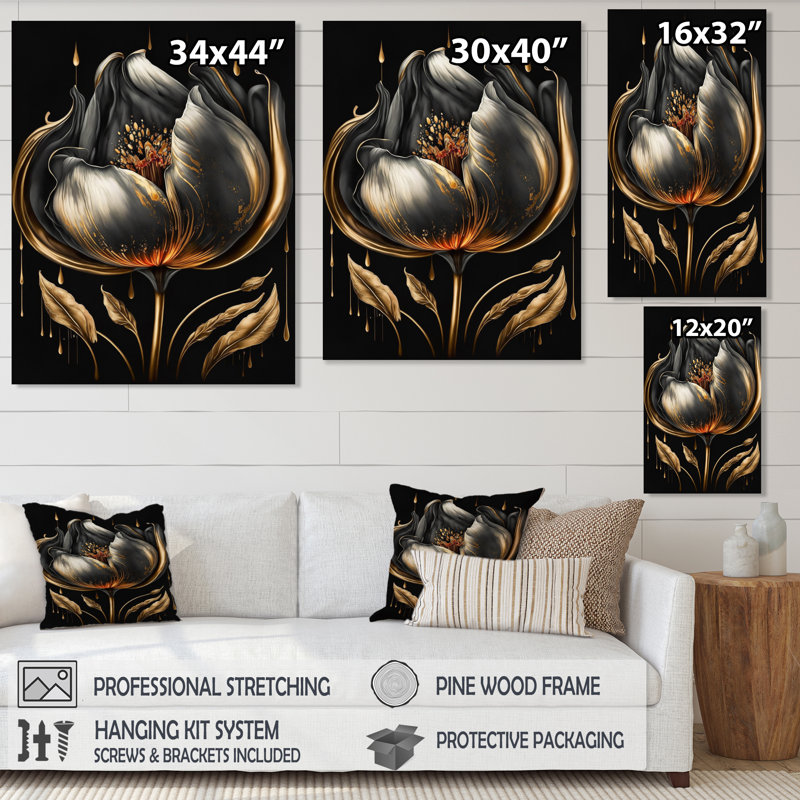 Tulipe noire et dorée - art mural encadré, H 20 po x l 12 po x P 1 po, Toile tendue