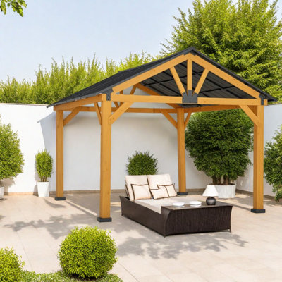 Pavillon de jardin à toit rigide durable, structure en acier et en bois, abri de jardin rustique