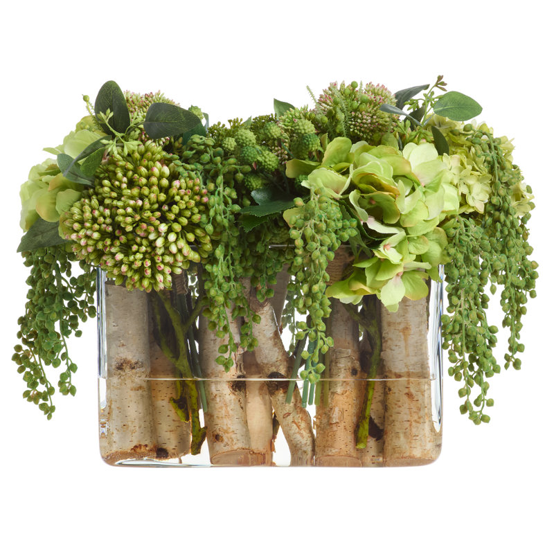 Arrangement d'hortensia / sédum 13 po dans un vase en verre