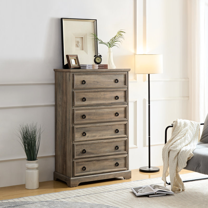 Commode de chambre à coucher moderne - grand rangement, poignées faciles à tirer, grande commode grise à 6 tiroirs avec bordures texturées, délavé, l 15,71 po x H 49,16 po