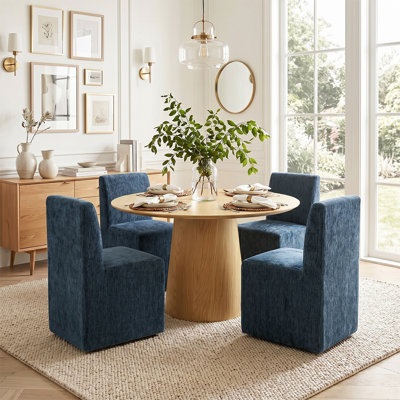 5-Piece Round Dining Table Set With Fully Assembled Rolling Chenille Chairs