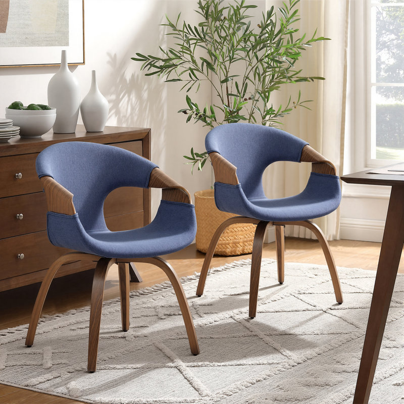 Afra 21.26'' W Swivel Polyester Upholstered Dining Arm Chair (Set Of 2), Blue/Brown Wood