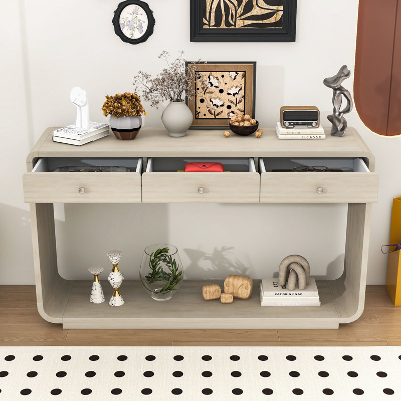 Console élégante en bois moderne avec pieds et tiroirs courbés, Naturel