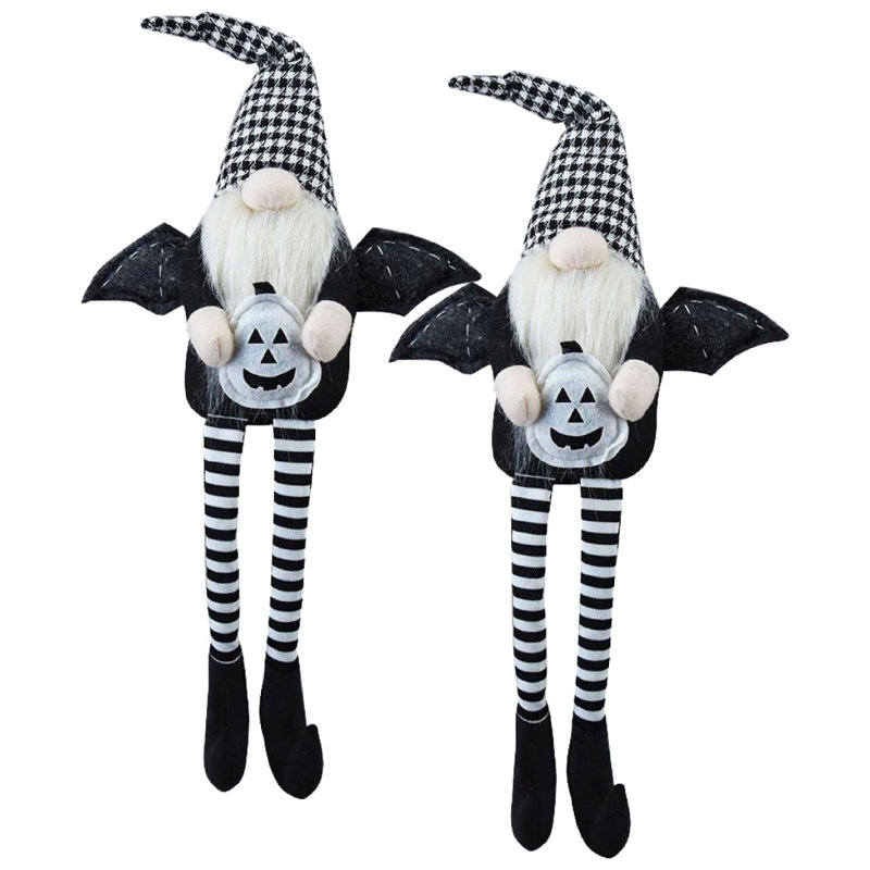 Ensemble de 2 gnomes noirs de 4,3 po x 3,5 po x 23,5 po assis avec des ailes et un chapeau écossais noir et blanc pour la décoration d'Halloween