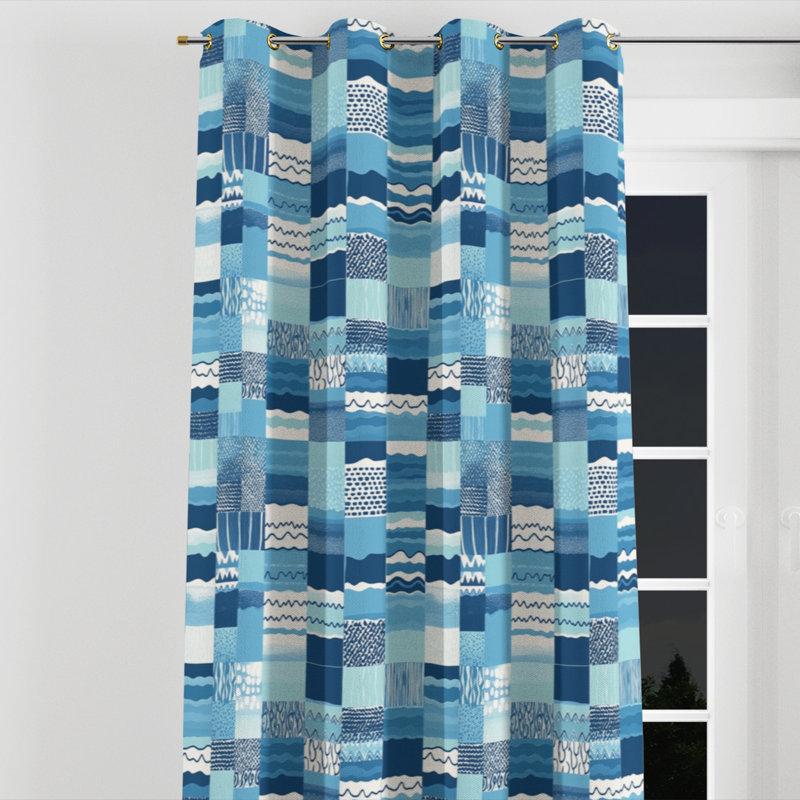 Coastal Curtain panels - Patchwork Ocean Quilt Grommet Curtain - 1 Panel, Gold Grommets, 52" W x 95" L