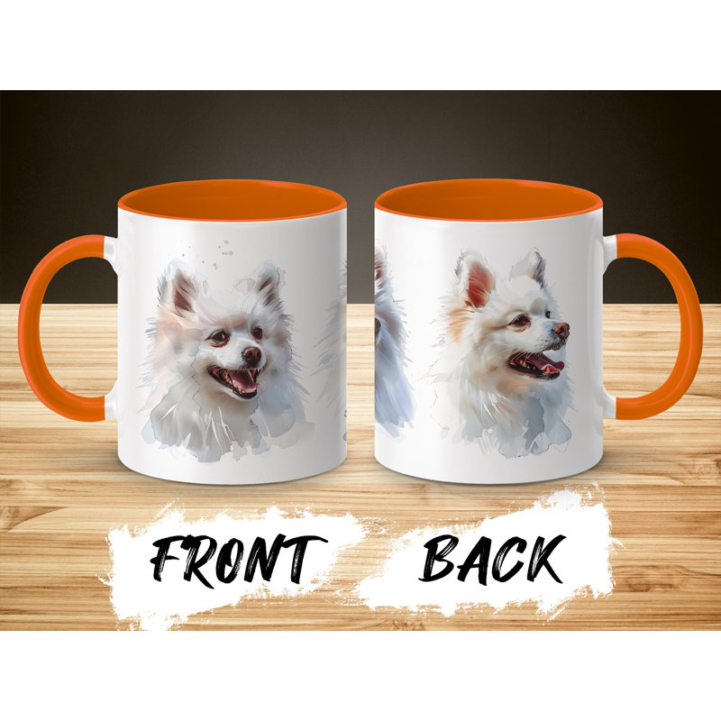 11oz Watercolour White Pomeranian Design Coffee Mug, Orange, 4