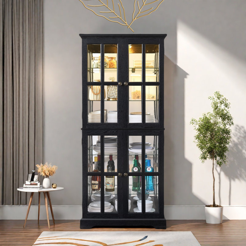 Antique Display Cabinet With 4 Glass Doors, Adjustable Shelves, Metal Embossed Handles And Integrated Lighting, Black