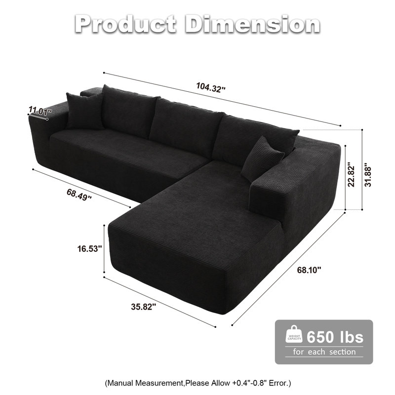 Canapé-lit 2 pièces avec coussin Kessas, Orienté à droite, Velours côtelé noir