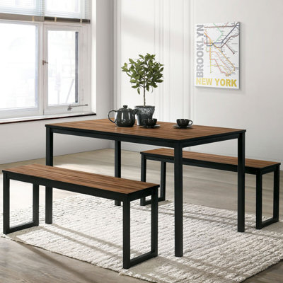 Ensemble 3 pièces de table de salle à manger industrielle - Comprend 1 table et 2 bancs