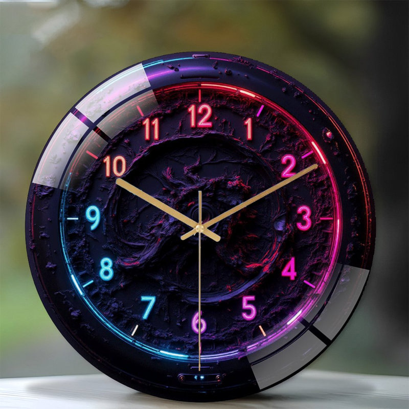 Unique Neon Wall Clock Art for Home Decor Art - 12'' Modern Glass Wall Clock