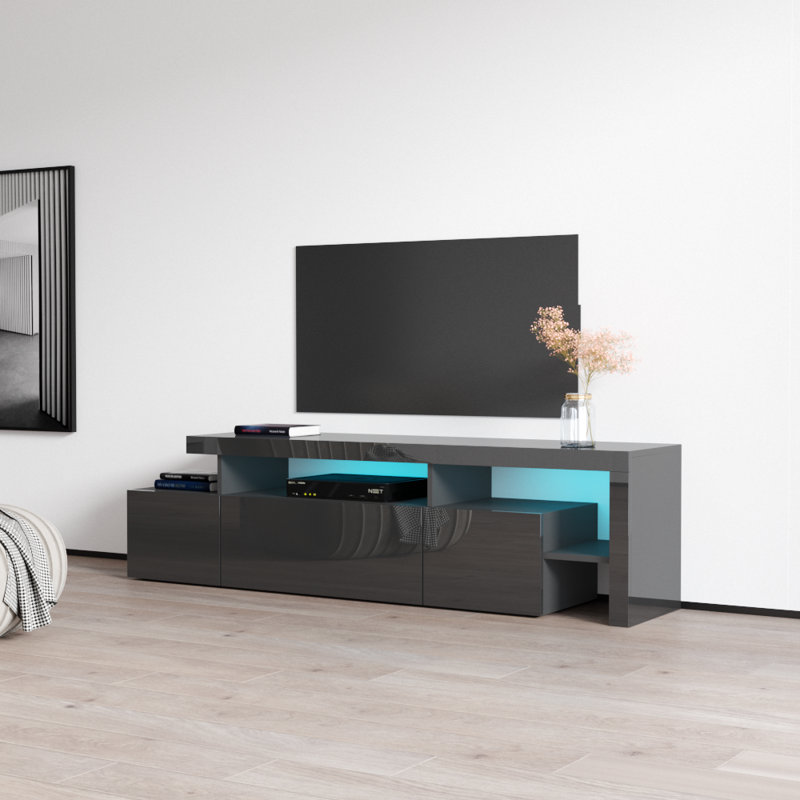Edana 73" Modern TV Stand with LED Lighting, High Gloss Finish, Media Storage, Gray