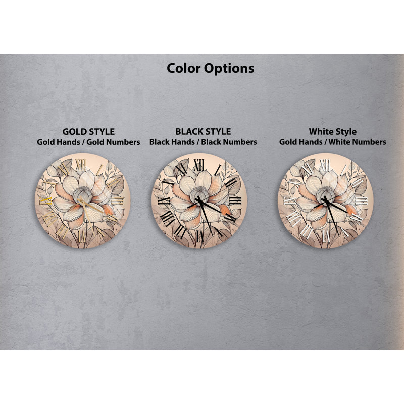 Horloge murale élégante en verre trempé à motif floral, Blanc
