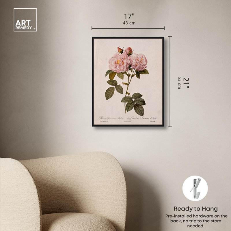 Toile damassée rose par Art Remedy, Noir, H 21 po x l 17 po, Cadre flottant