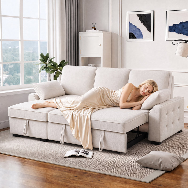 92" Wide Convertible Sofa Bed 2-In-1 Chenille Pull-Out Sleeper Couch With Flip-up Armrest Cup Holder & USB Ports & Reversible Storage Chaise for Living Room Apartment