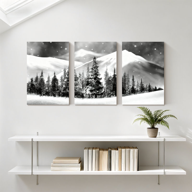 Hiver, forêt, montagnes enneigées, arbres de pin, paysage d'hiver, noir et blanc, ensemble de 3 impressions sur toile