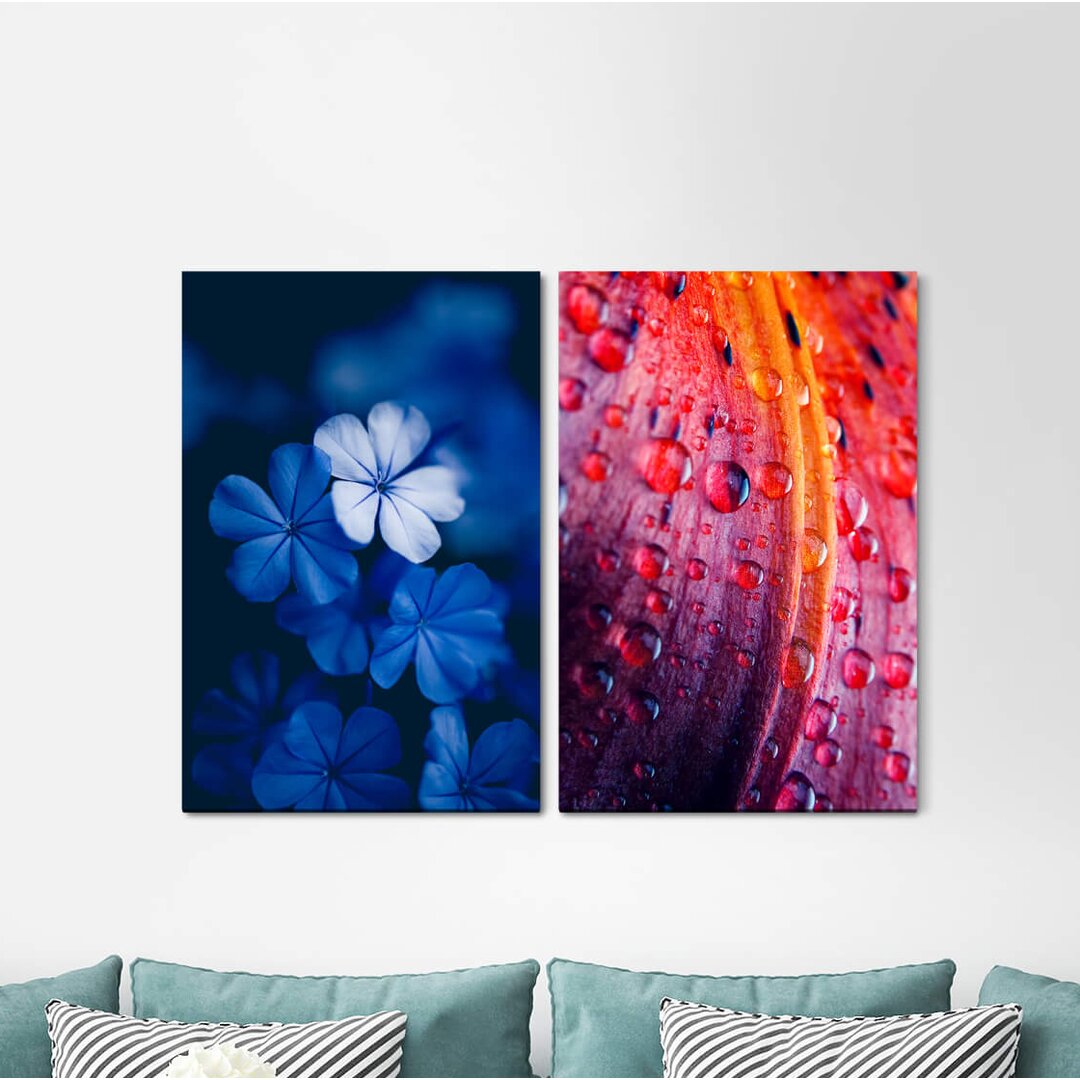 2-tlg. Leinwandbilder-Set - Grafikdruck „Blue Flowers Water Drops Fresh”