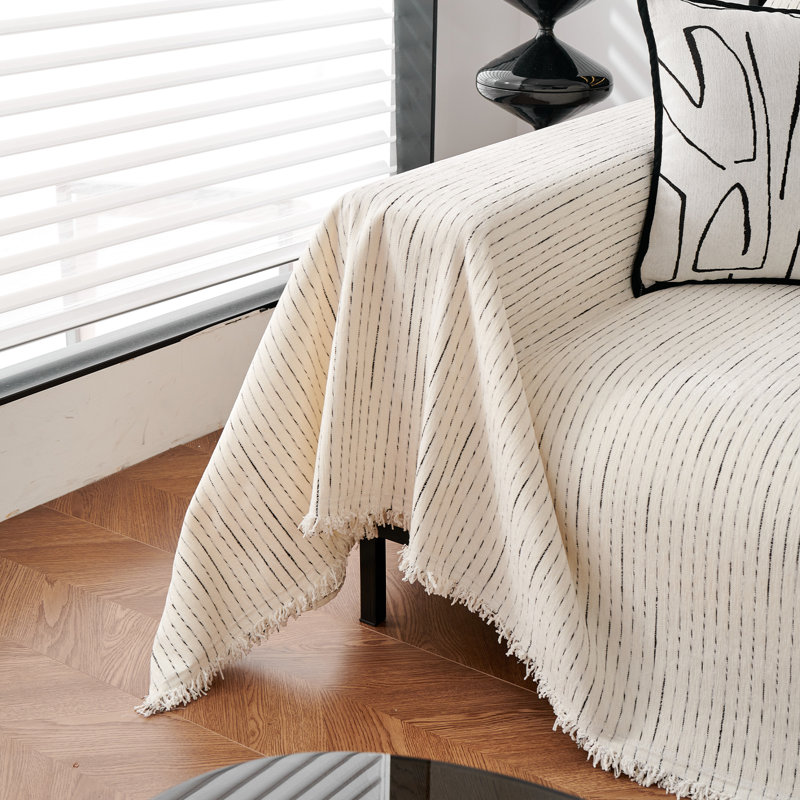 Housse pour canapé à rayures fines multicolores en chenille classique, H 71 po x l 118 po x P 0,1 po, Chenille beige / blanc