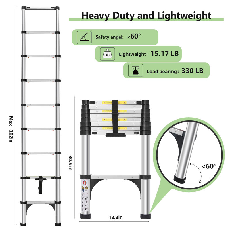 Telescoping Ladders 8.5 FT Aluminum Ladder, One-Button Retraction Collapsible Telescopic Ladder For Home,RV,Attic & Loft,(Silver)