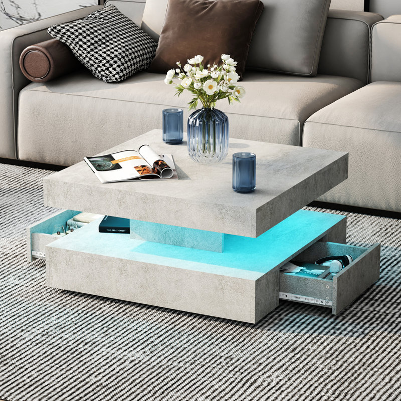 Modern Coffee Table with Storage – Unique Square Design for Living Room & 20-Colour RGB LED Light Strip, Grey