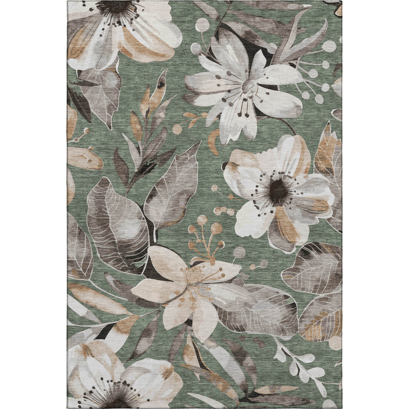 Premium Machine Washable Mayfield AMF2260 Floral Rug, Sage, 2'6" x 3'10"