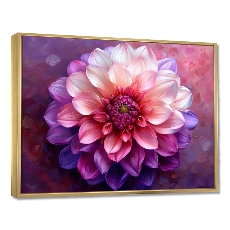 «Dahlia», art floral mauve, Cadre flottant doré, H 16 po x l 32 po
