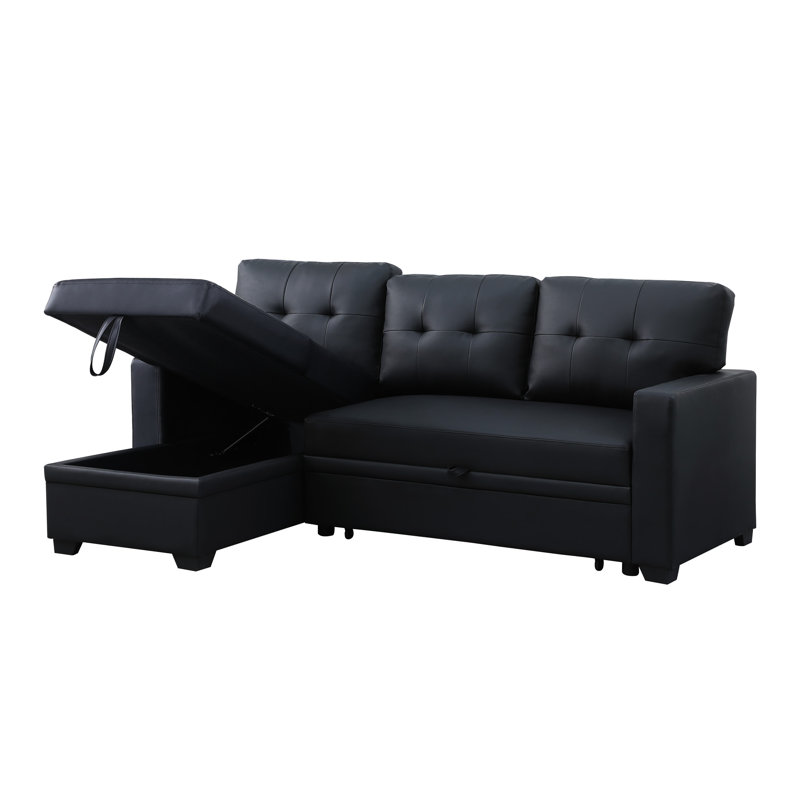 Canapé modulaire rembourré avec méridienne coulissante et coussins amovibles, fonction en similicuir noir pour 3 sièges